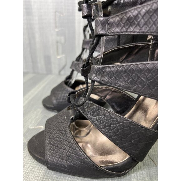 Qupid Gladiator Stiletto Heels Black Women's Size 7 Open Toe Tie Faux Leather - Picture 5 of 11